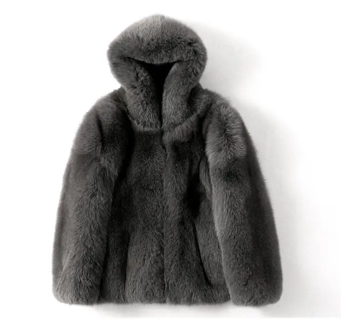 hooded Роскошное Мужское пальто Настоящий мех, пальто из натурального Лисий мех, лучшее качество,, пальто с лисьим мехом, теплое зимнее пальто с отложным воротником - Цвет: hooded