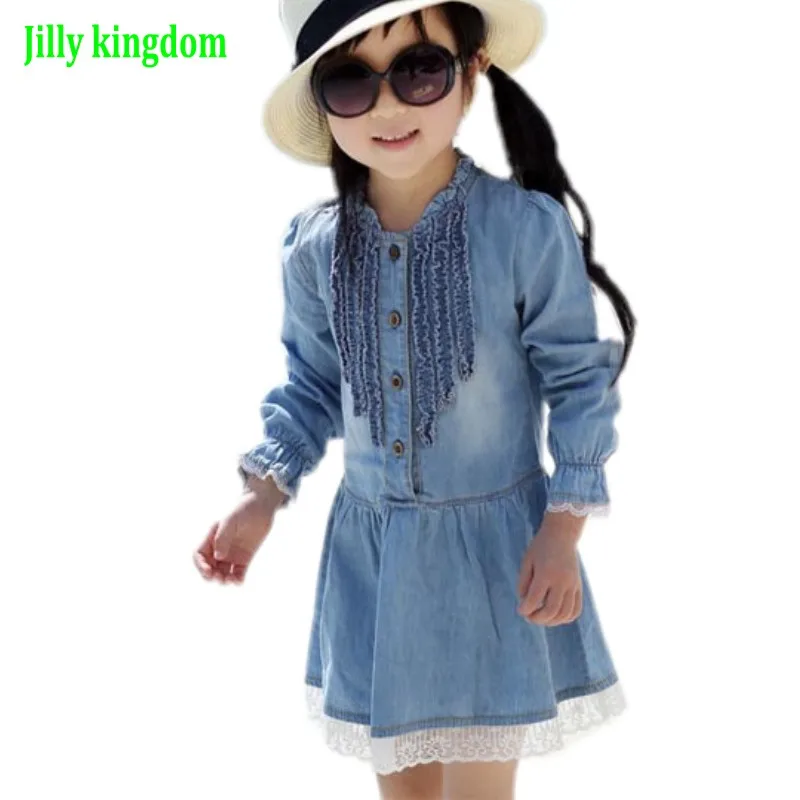 New Spring &amp Autumn High quality Girl Kids Dress Lovely Denim Blue Beautiful Lace Cowboy Clothes Long Sleeve Casual baby | Детская