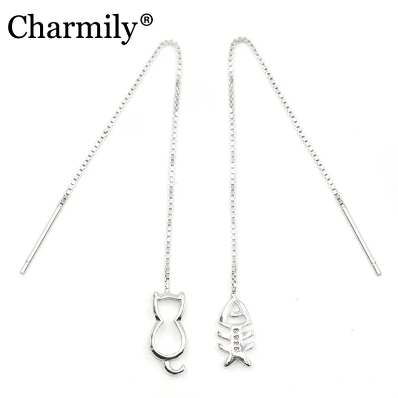 Аутентичные серьги-подвески Charmily с рисунком в виде кота и рыбы Серебристые