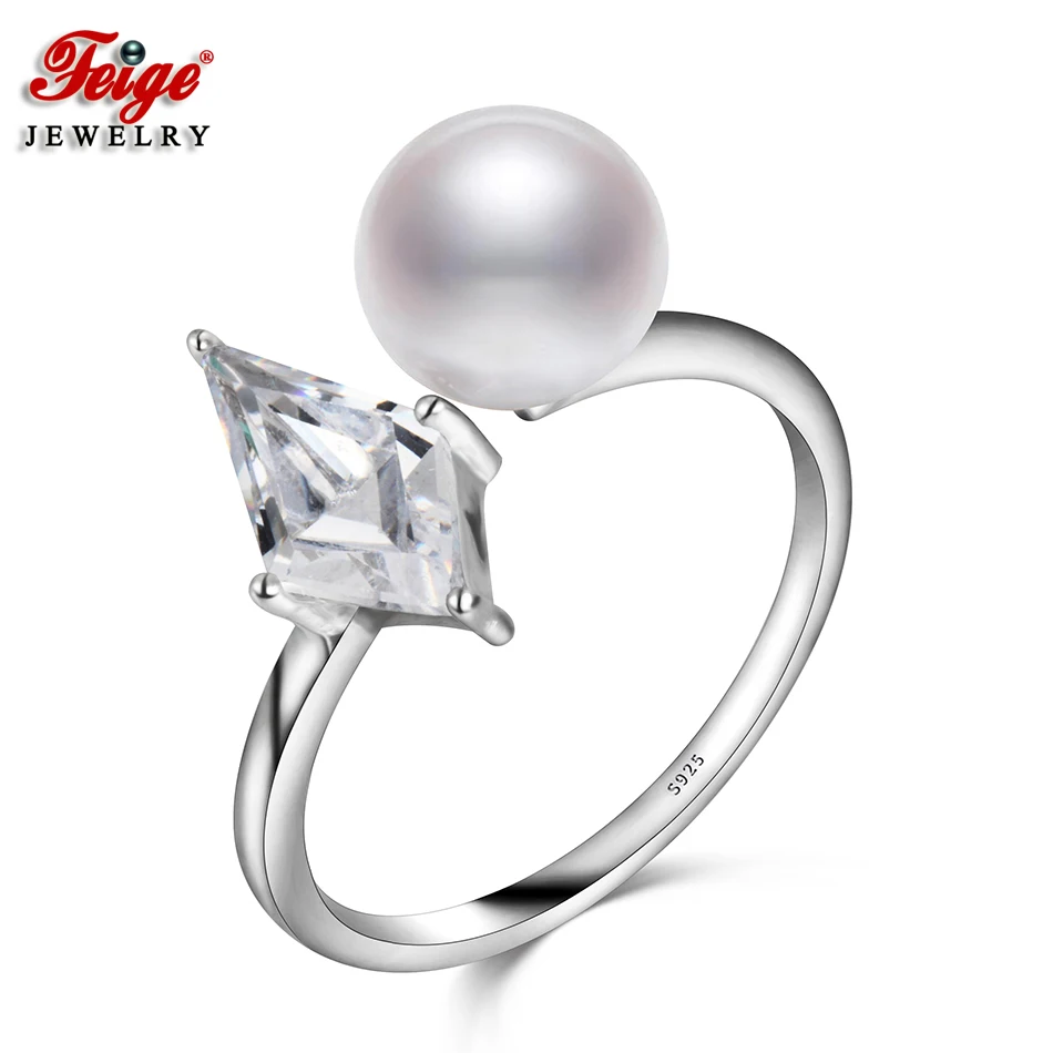 Фейге Оптовая пресноводного жемчуга Кольца стерлингового серебра 925 инкрустация