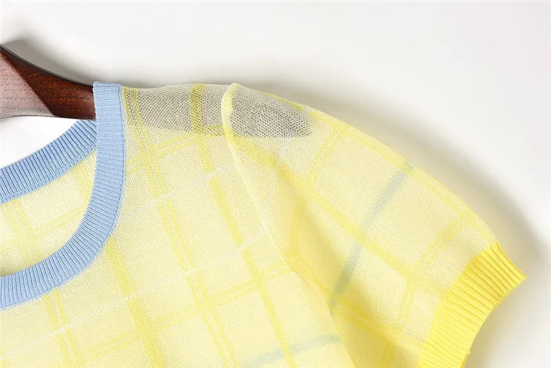 Новинка Лето 2018 тонкие прозрачные клетчатые милые футболки вязаные с коротким