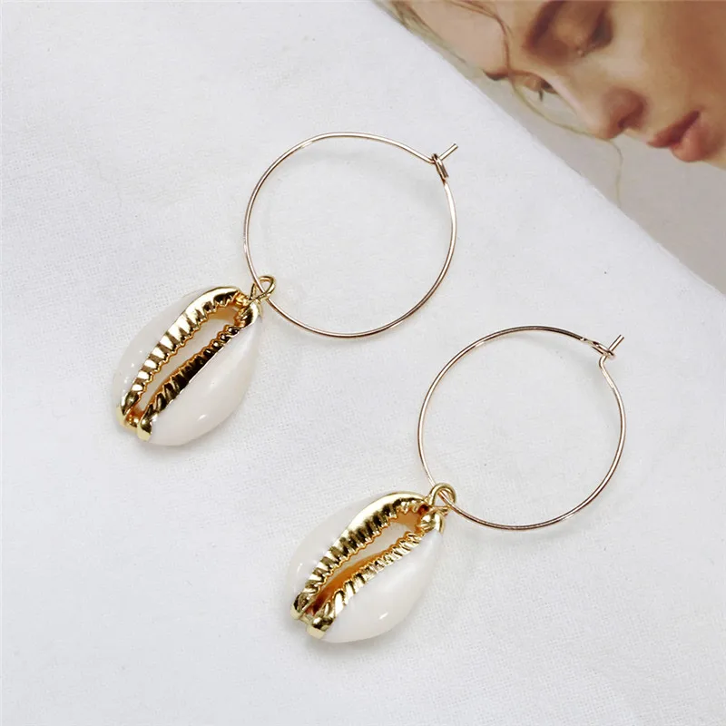 Серьги кольца SOHOT женские в стиле бохо подвеска виде ракушек натуральный пляж