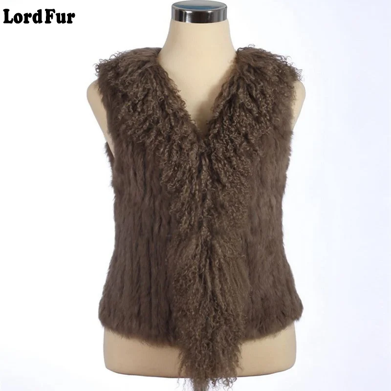 

(TopFurMall) Lady Fashion Genuine Knitted Rabbit Fur Vest Waistcoat Lamb Fur Collar Women Real Fur Gilet Outerwear LF4035