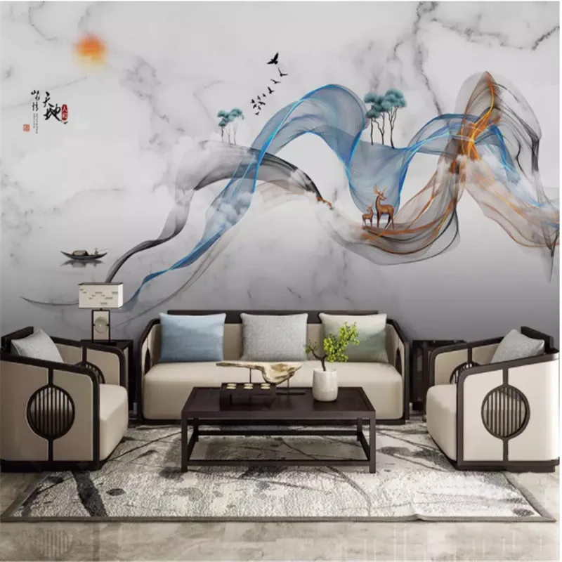 

Custom Murals Chinese Jazz White Marble Abstract Line Landscape Elk Background Photo Wallpapers for Living Room Hotel Home Decor