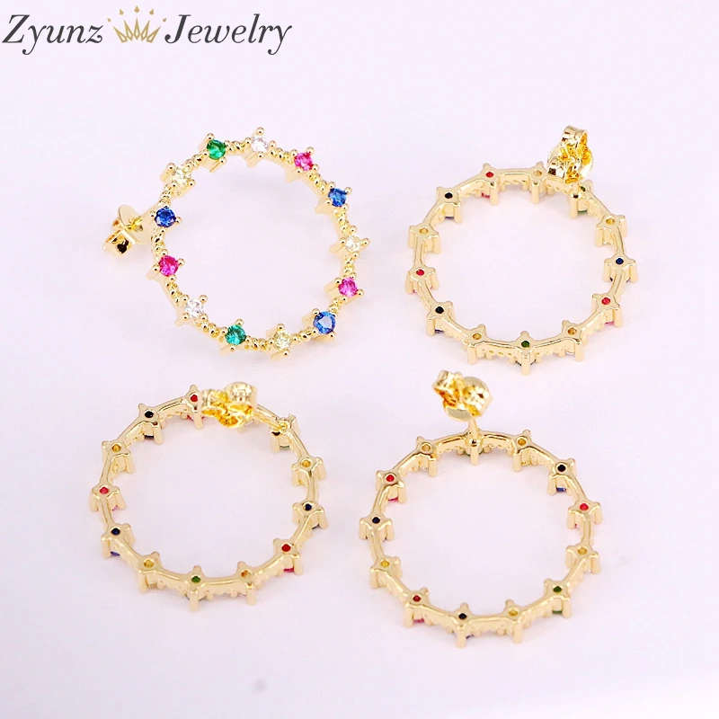 10Pairs, NEW fashion Crystal Round Circle Earrings Rainbow CZ Micro Pave Zirconia Open Round Stud