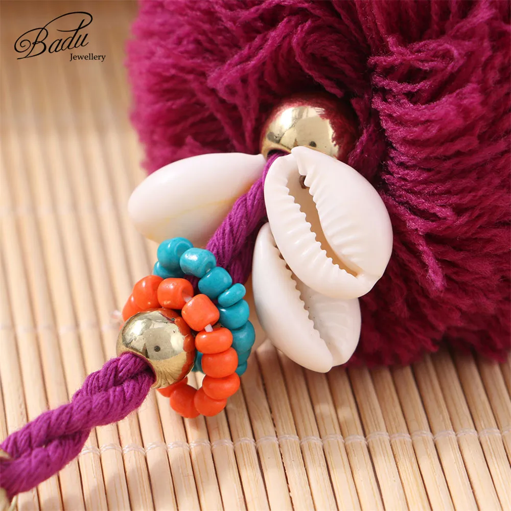 Badu Pompom Key Chain Purple Cotton Tassel Vintage Statement jewelry Shell Fringe Autumn Winter Wholesale | Украшения и