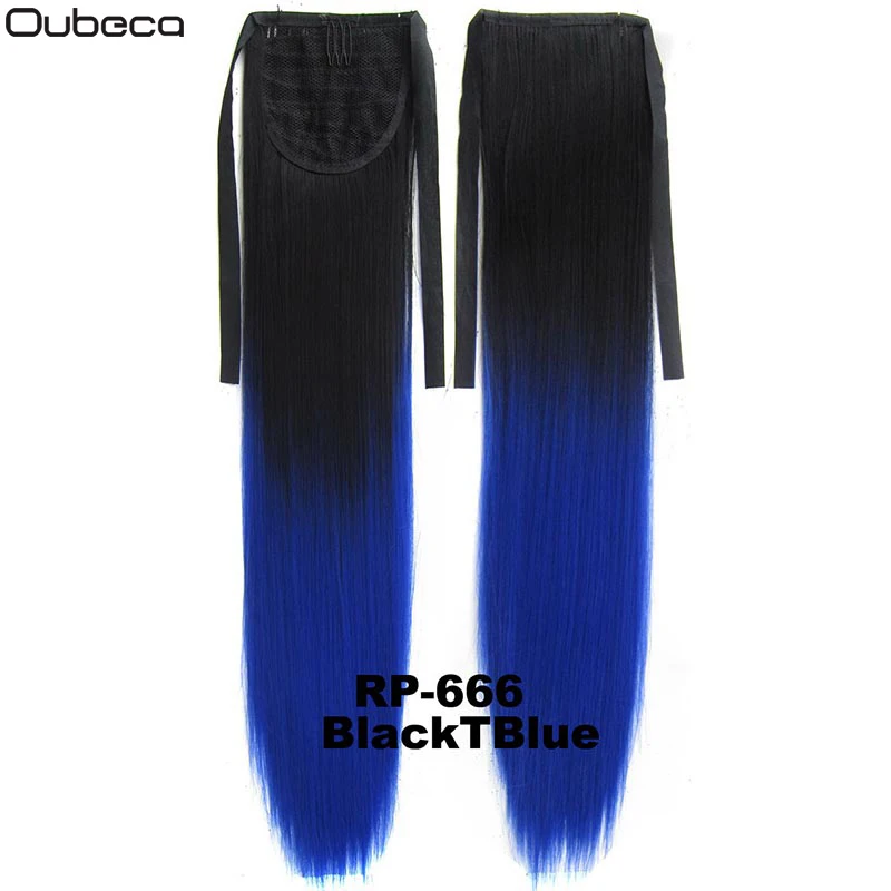 BlackTBlue Oubeca, 22 дюйма, синтетические ломбер, конский хвост, прямые, длинные, два тона, лента, конский хвост, волосы для наращивания на заколках для женщин - Цвет: BlackTBlue