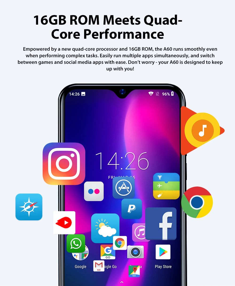 Blackview A60 смартфон 4080 мАч 1 Гб+ 16 Гб четырехъядерный Android 8,1 6,1 дюймов 19,2: 9 экран 13,0 МП Двойная камера заднего вида 3G мобильный телефон
