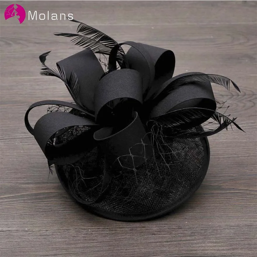 Простая Вуалетка для женщин MOLANS элегантная однотонная черная шляпка с перьями и