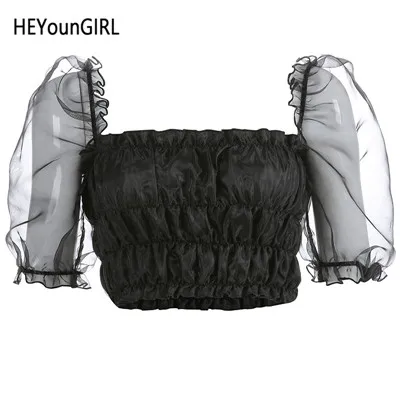 Черный HEYounGIRL сетчатый укороченный топ с пышными рукавами, футболка, Женская Сексуальная футболка с открытой спиной, женская черная элегантная Винтажная Футболка Harajuku, летняя - Цвет: Черный