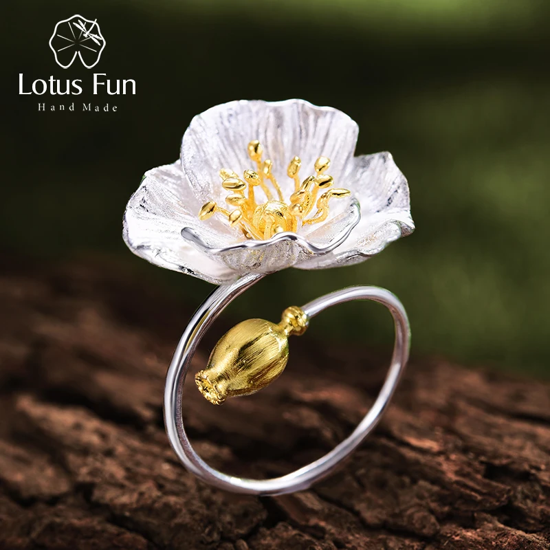 Lotus Fun Real 925 Sterling Silver Adjustable Ring Handmade Designer Fine Jewelry Blooming Poppies Flower Rings for Women Bijoux