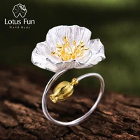 lotus fun real 925 sterling silver adjustable ring handmade designer fine jewelry blooming poppies flower rings for women bijoux