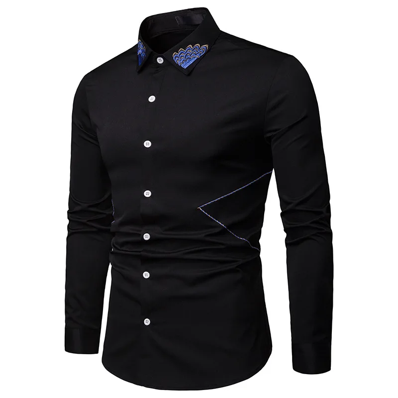 Mens Casual Lapel Embroidered Business Shirts Fashion Black White Large Size Long Sleeve Loose for Young 2019 Spring | Мужская одежда