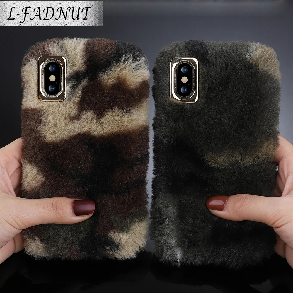 L-FADNUT For iPhone X Case Xr Xs Max 7 8 6 6S Plus 5 5S SE Cover Camouflage Army Green Plush Soft TPU Silicone Bumper Fur Cases |