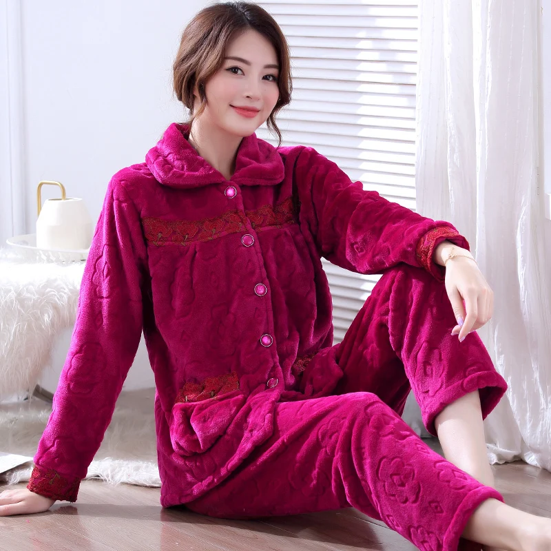 pajamas female winte Теплые пижамы для женщин, зимние фланелевые женские пижамы, комплекты, мягкие пижамы, женские зимние пижамы с рисунком, Женская домашняя одежда с длинным рукавом и принтом - Цвет: pajamas female winte