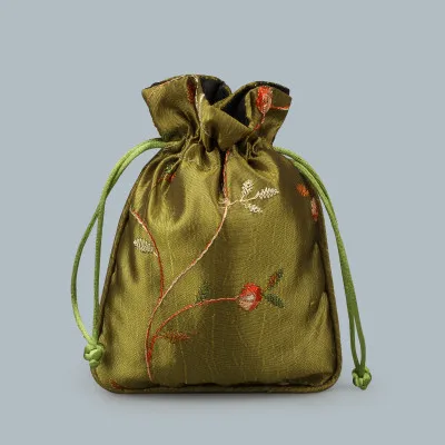 Малый Вышитые Фрукты Крафт мешок подарков атласная ткань упаковки Drawstring многоразовый мешок ювелирных изделий декоративные монет Карманный Саше - Цвет: Армейский зеленый