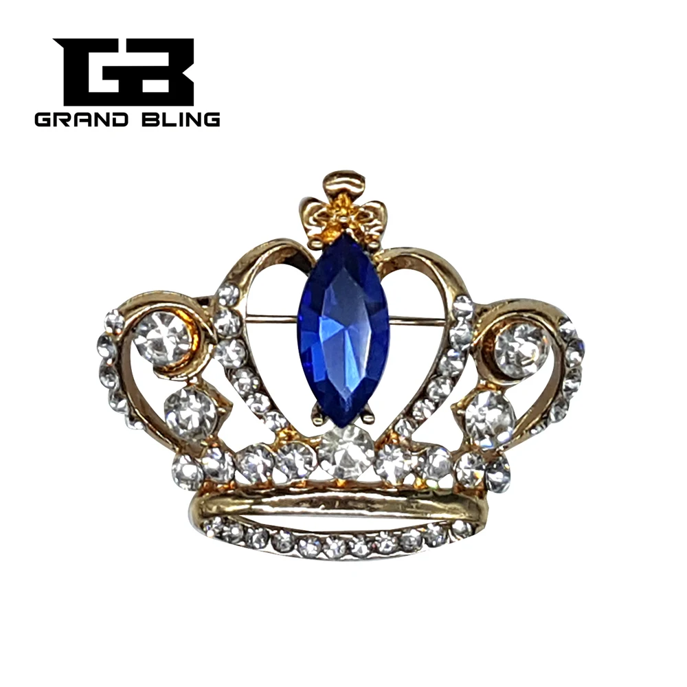 

GrandBling Fine Jewelry Gold Tone Crown Brooch with Royal Blue Crystal