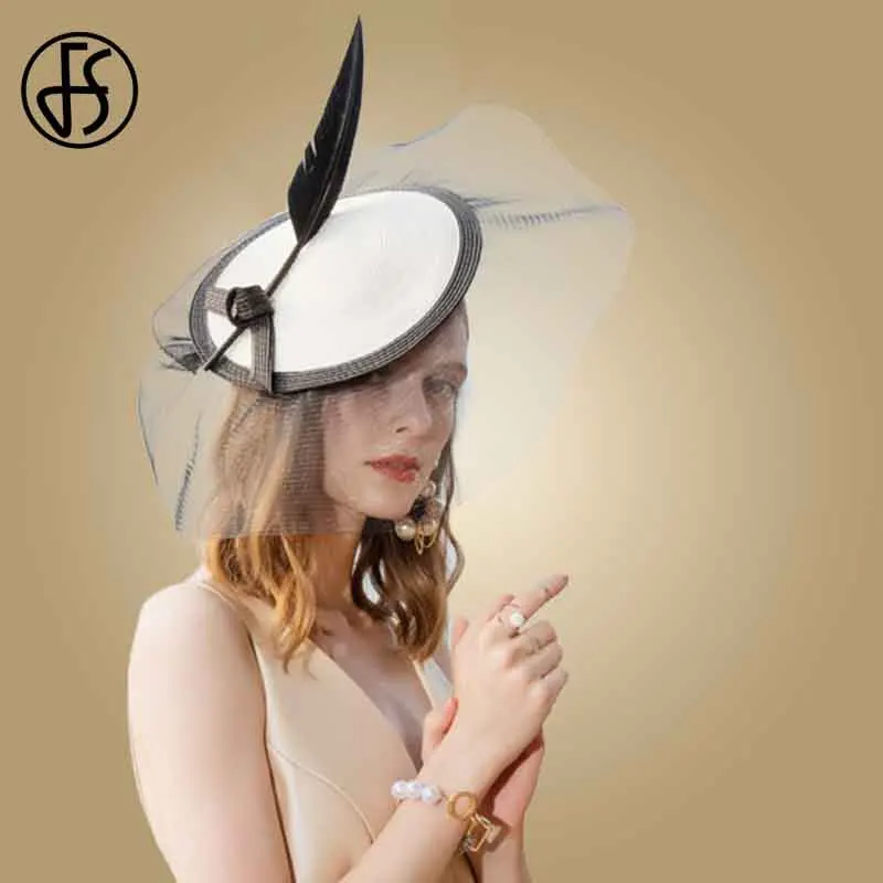 Black White Hat FS вуалетки, черные и белые свадебные шляпы для женщин, элегантные вечерние шапки в британском стиле, розовые шляпы с перьями, церковная шляпка, фетровые шляпы - Цвет: Black White Hat