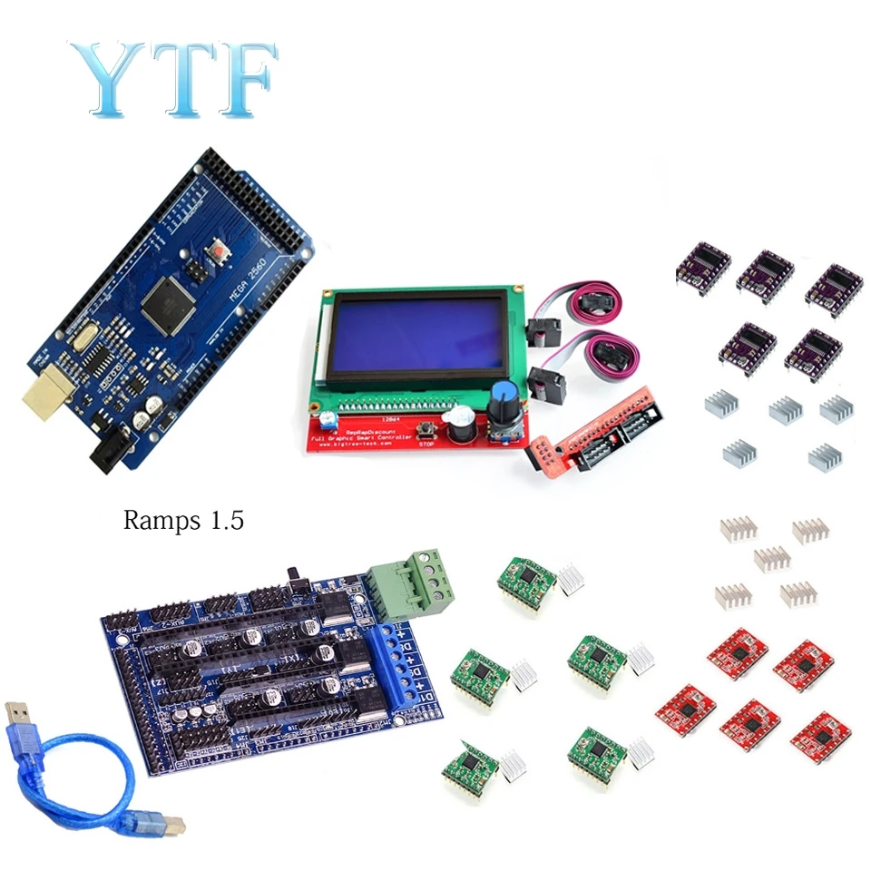 Мега 2560 R3+ 1 шт. ПЛАТФОРМЫ 1,4/1,5/1,6 Управление;+ 5 шт. A4988 Драйвер шагового двигателя Модуль/12864 ЖК-дисплей Управление 3D-принтеры комплект