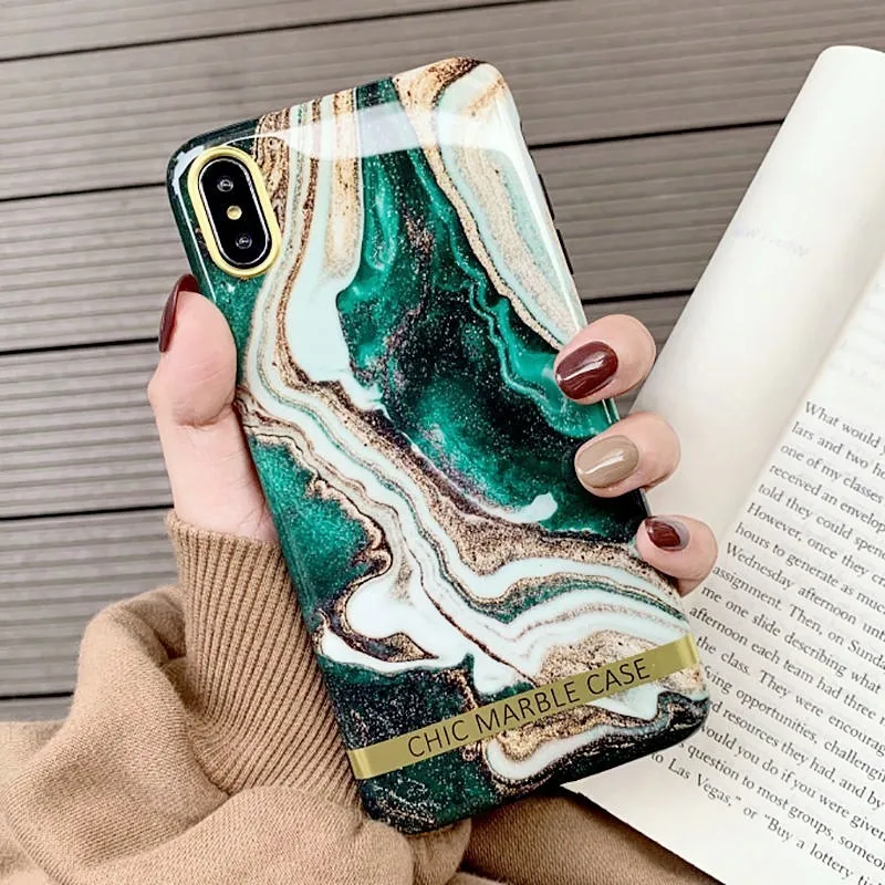Fashion Artistic agate marble gold bar Phone Case For iphone 7 case XS XR Max 6 8 Plus Shiny Glossy soft silicon Back cover |