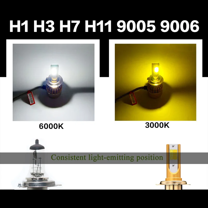 GZ KAFOLEE двухцветные Автомобильные фары H1 Led H3 H4 H7 3000K 6000K 9600LM H8 H9 H11 HB3 9005 HB4 9006 9012