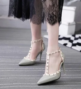 Lady's Sexy Hot Sell T-strap Rivet Nigh Club Plus Size 40 Pointy Narrow Toe Buckle Strap High Heels Women Pumps Stilettos Sandal | Обувь