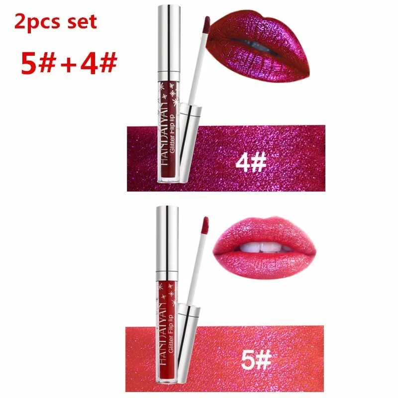 2pcs 4a5 HANDAIYAN Блестящий Блеск для губ с изображениями искрящихся влажным блеском помада блеск Губная помада блеск Флип губная помада с блестками Водонепроницаемый Макияж для губ 7/2 шт - Цвет: 2pcs 4a5