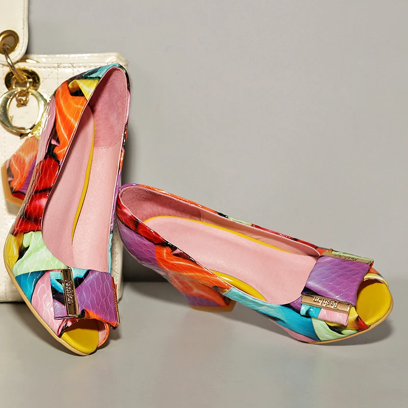 WETKISS Thick High Heeled Women Pumps Buckle Peep Toe Shoes Shallow Printing Footwear New Fashion Party Female Shoes
