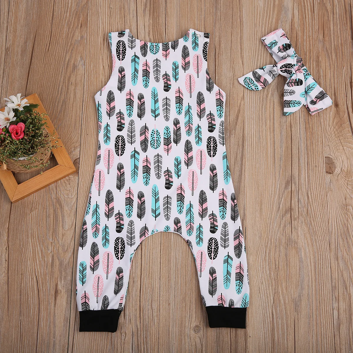 Детский комбинезон с перьями без рукавов + повязка на голову|baby boy girl|infant babybaby romper