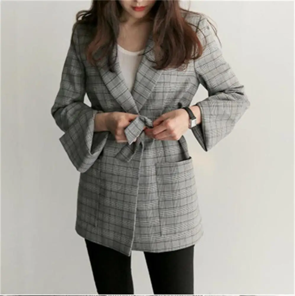 Fashion Autumn Women Jackets Gray Plaid Long Sleeves Coats With Sashes Plus Size Office Lady Jacket Work Wear Oversize | Женская одежда