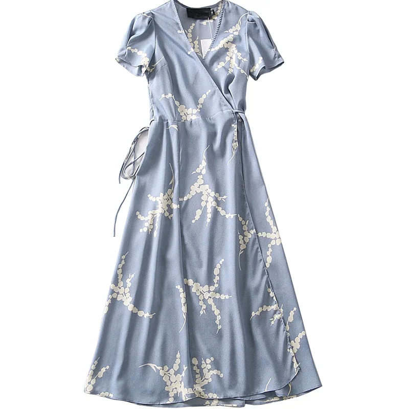 Лето boho Винтаж цветок dot print wrap dress Женщины с коротким рукавом шифоновое пляжное