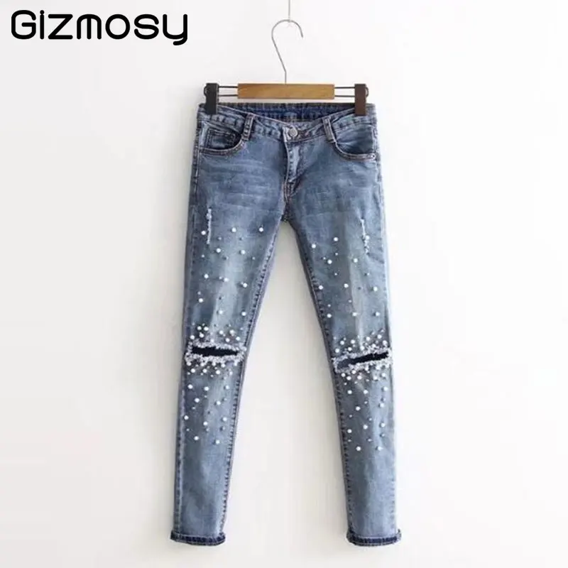 1 шт. женские рваные джинсы с бусинами Однотонные эластичные вышивкой BN2146 |