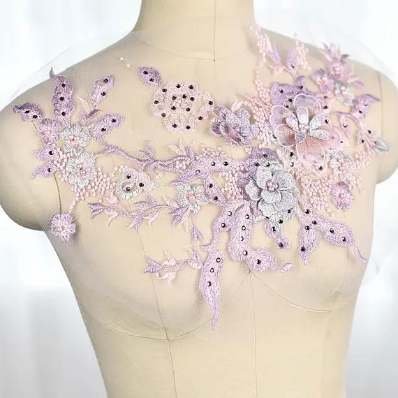 

5 PCS pastel lavender heavy bead lace applique with rhinestones, bridal applique, 3d floral