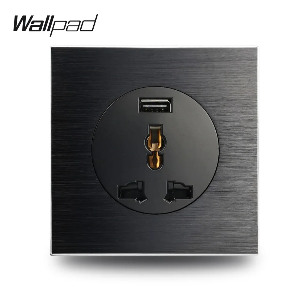 

Wallpad L6 Black Satin Metal Universal 3 Pin Wall Socket With 2.1A USB Charging Port Brushed Aluminum EU UK US Universal 3 Pin