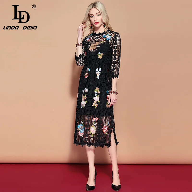 Женское винтажное платье LD LINDA DELLA черное ажурное с цветочным принтом на весну 2019 |