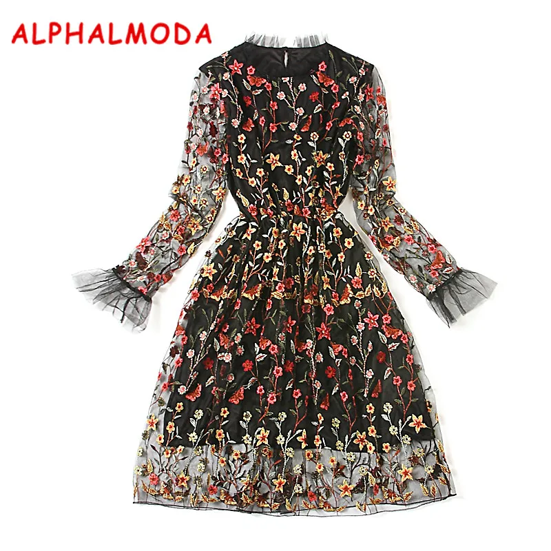 ALPHALMODA/2017 г. осеннее женское изящное платье с вышитыми цветами длинные рукава
