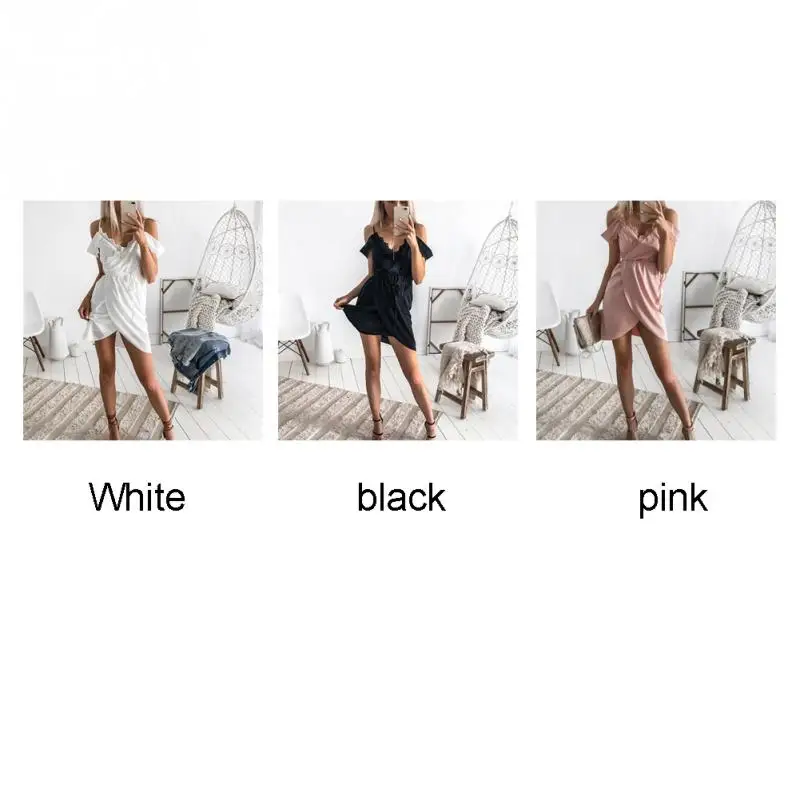 Летнее платье 2018 женское на бретелях с v образным вырезом открытыми плечами мини