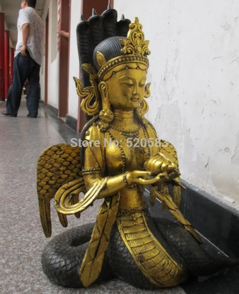 23 &quotтибетская бронзовая позолоченная морская змея Нага канья Кван-Инь богиня