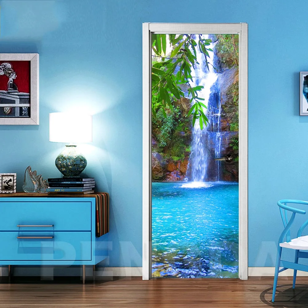 3D Шаг двери Стикеры DIY самоклеющиеся водопад дерево наклейки Фреска водонепроницаемый бумажный плакат для печати художественная картина украшение дома