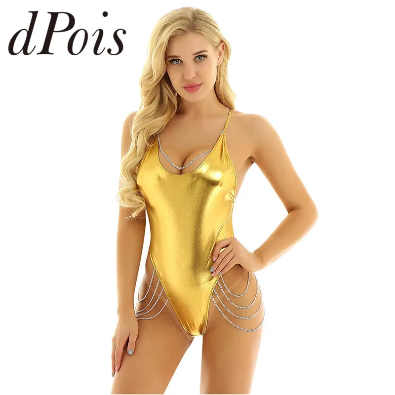 Сексуальное женское белье слитный купальник на тонких бретельках с блестящим