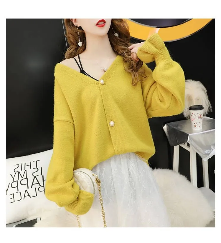 Knit Sweater Women Flare Long Sleeve Korean Sweaters Cardigans Solid Outwear V Neck Autumn Winter Sueter Mujer |