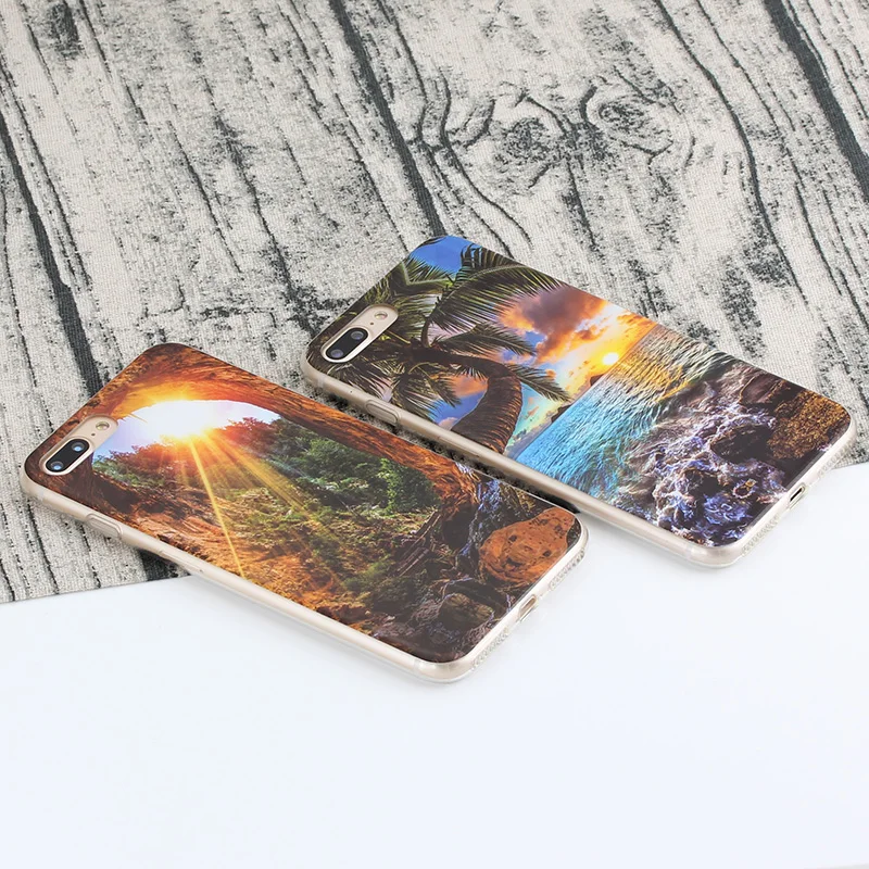 Beach Scene Patterned Glossy Phone Case For iPhone 6 6S 7 8 Plus X XS 7plus 8plus Soft TPU Silicon Back Cover Shell Shckproof |