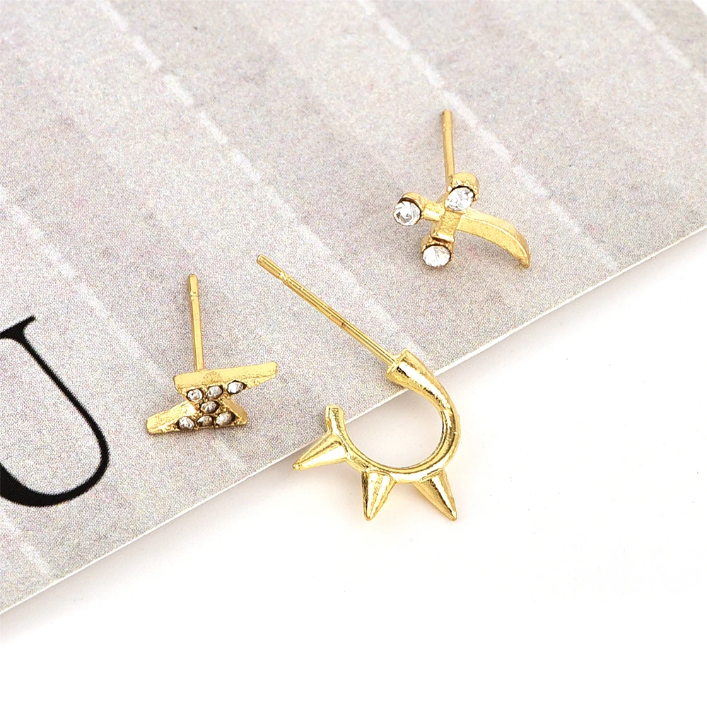 3 Pcs/Set Punk Personality Ladies Charm Lightning Cross Crystal Rhinestone Gold Earrings Wedding Party Jewelry Accessories | Украшения и