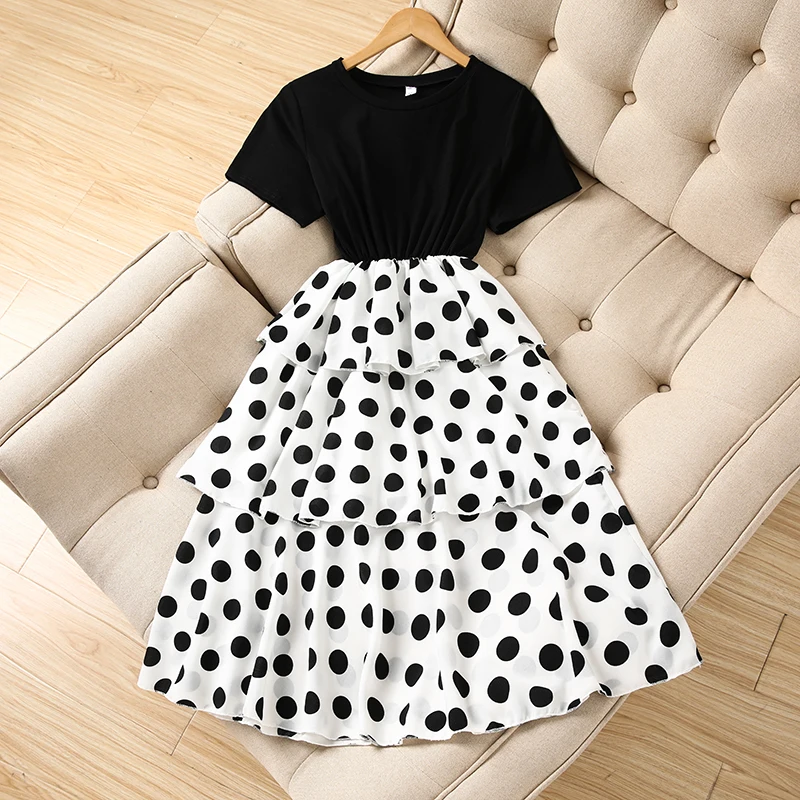 Летнее платье 2019 женское модное лоскутное в горошек с коротким рукавом