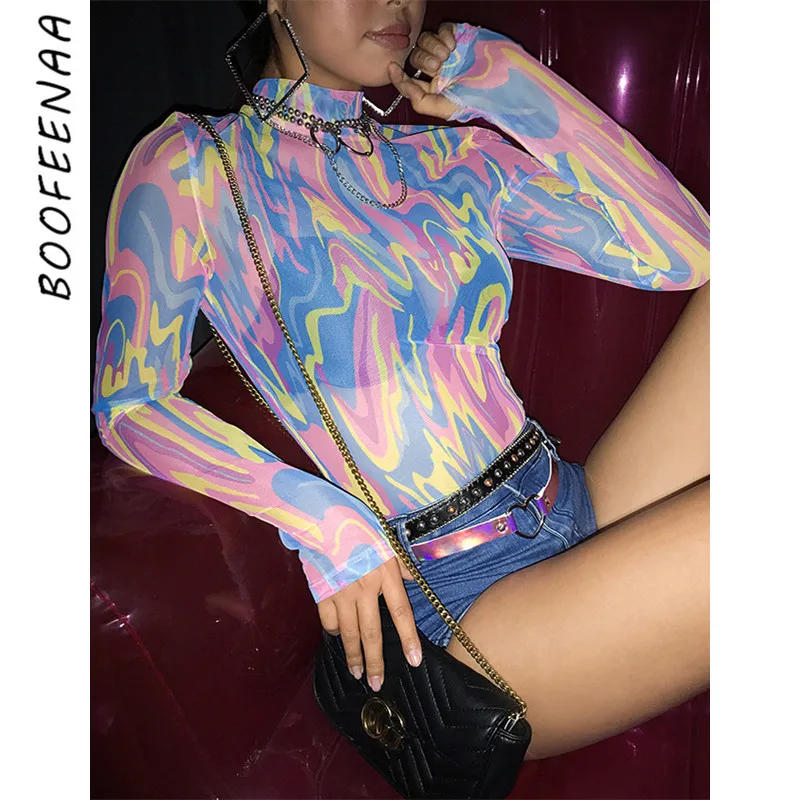 BOOFEENAA красочный полосатый прозрачный сетчатый сексуальный боди для женщин с