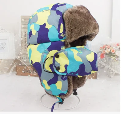 Camo Blue Новинка, спортивные уличные шапки черного и серого цвета для мужчин и женщин, зимние теплые меховые шапки-ушанки, русские шапки-бомберы с маской для рта - Цвет: Camo Blue