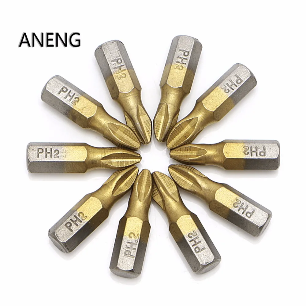 

ANENG 10 Pcs 1/4" Titanium Coated Anti Slip Hex Shank PH2 Screwdriver Bit 25mm