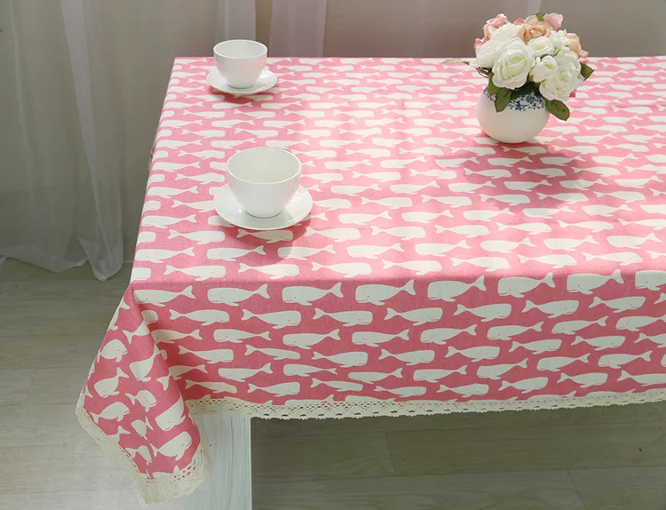 Розовая хлопковая льняная скатерть на заказ с принтом Кита кружевной отделкой