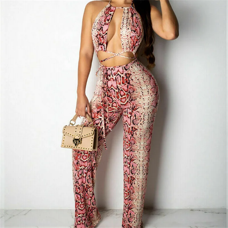 

Women Lady Snake Printed Clothes Set Fashion Halter Sleeveless Backless Bandage Crop Tops Long Pants Evening Party Bodycon Sets