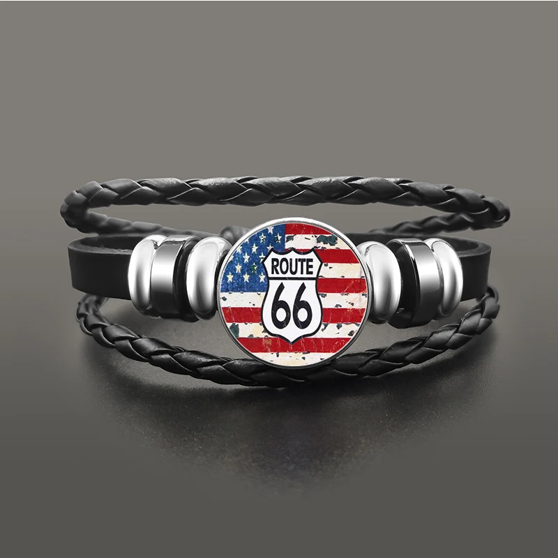 Классический американский Route 66 браслет ювелирные изделия панк кожа стеклянный